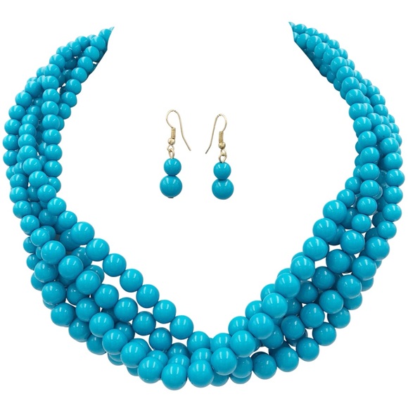 Bright Aqua Blue Beaded Necklace Earrings Set - Picture 1 of 5